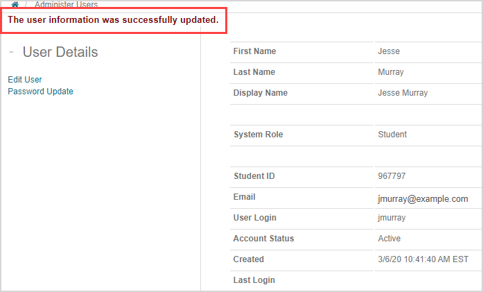Success message appears on User Details page that the new user has been successfully created.